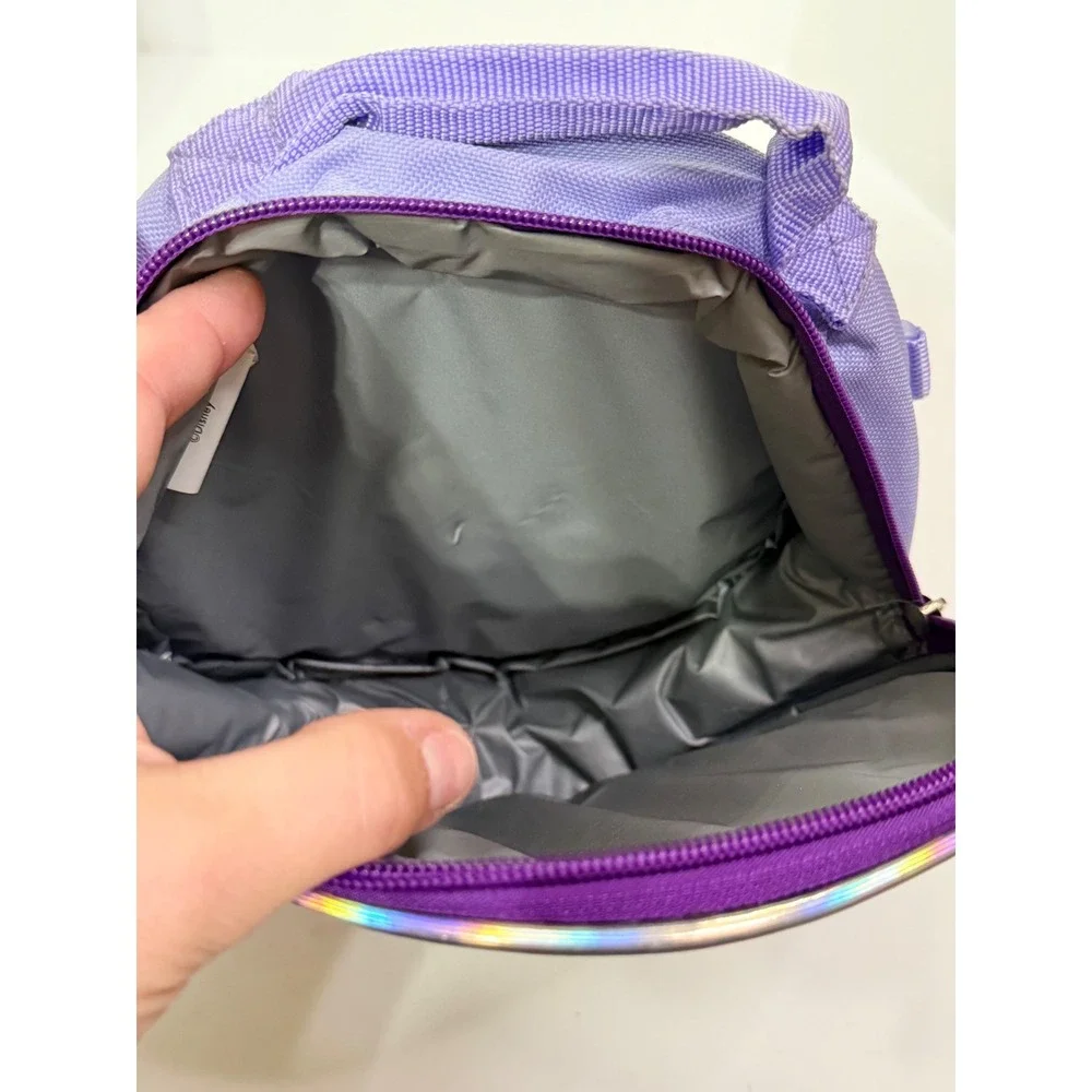 Disney Frozen Anna Elsa Round Insulated Lunch Bag Purple Glitter Snowflake 8in